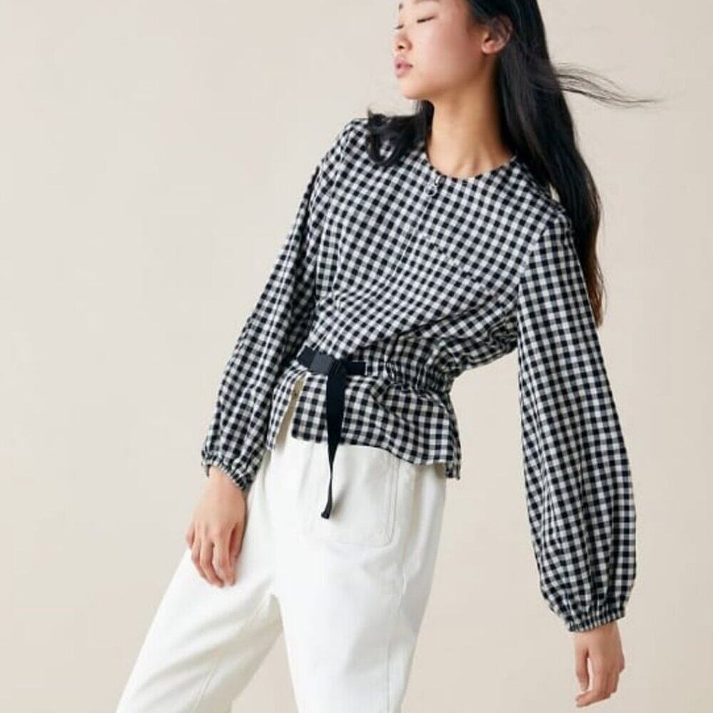 Zara Gingham Long Sleeve Zip Top Blouse Black White $50